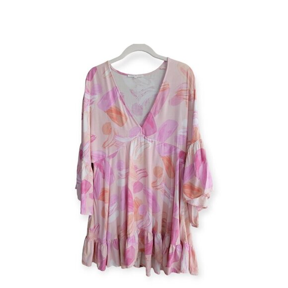 Ruffled Peach Pink Mini Dress V-Neck Bell Sleeves by Label of Love size M - Picture 3 of 8